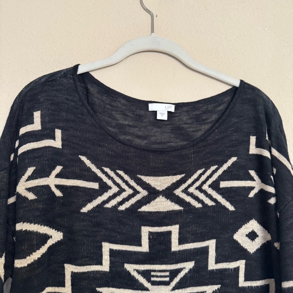 J Jill Aztec Linen Sweater Top Sz M Black Southwestern Boho Tribal Lightweight - Picture 4 of 15